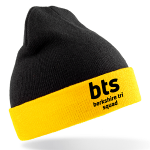 Black Beanie With Yellow Trim Featuring the Berkshire Tri Squad logo on the yellow trim in black
