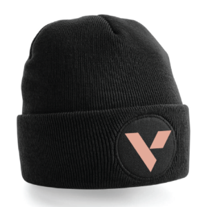 Black beanie with circular patch featuring the VI Training Gyms classic Vi logo in rose gold.